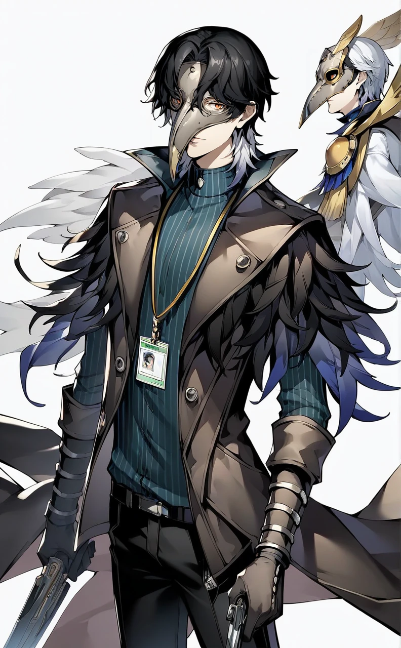 score_9,score_8_up,score_7_up,source_anime,1boy,kitasato_kira,male focus,multicolored hair,black hair,white hair,black pants,slender,mole,pale skin,fair skin,id card,orange eyes,standing,,simple background,white background,mask,feather,double knife,coat,wings,<lora:kitasato_kira:0.8>