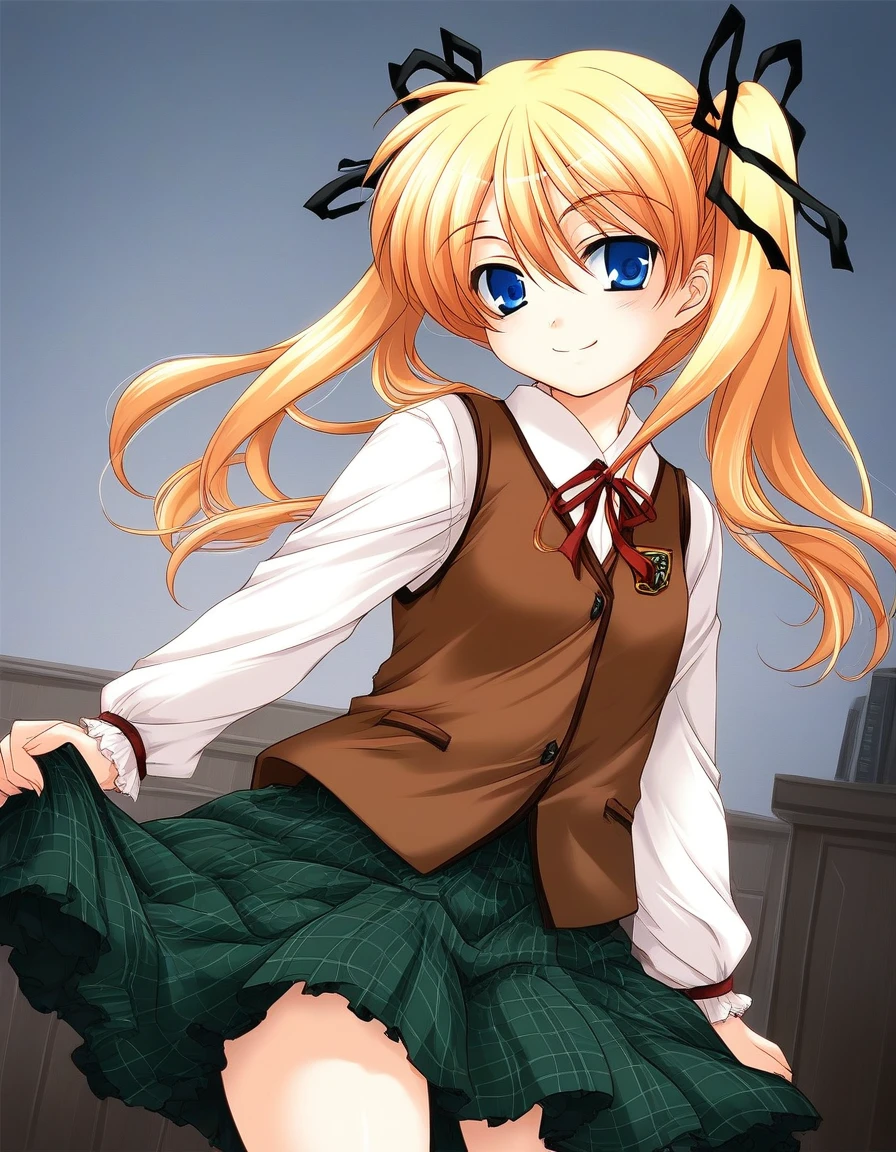 score_9, score_8_up, score_7_up, source_anime, rating_explicit, BREAK  <lora:Itsukiï¼Imi_Ver2.0_XL:1>  Itsukiï¼Imi, blonde hair, blue eyes, ribbon, long hair, hair ribbon, twintails, short stack,
 brown vest,  checked skirt, green skirt, long skirt,
smile,
looking at viewer, 
cowboy_Shot,
Western-style room,