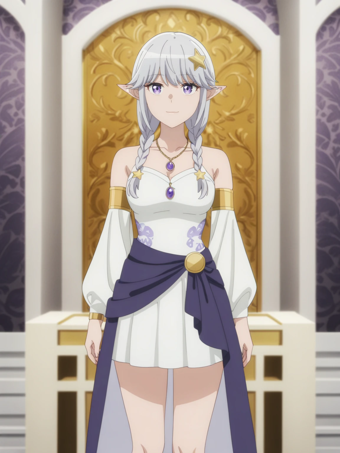 <lora:Tsuki_ga_Michibiku_Isekai_Douchuu-DoRA_V1:0.85>
very aesthetic, newest, best quality, masterpiece, absurdres, 1girl, light smile, medium breasts, purple eyes, silver hair, star hair ornament, twin braids, pointy ears, white dress, long sleeves, armlet, floral print, skirt, necklace, pendant, purple gemstone, cowboy shot, throne room, fantasy