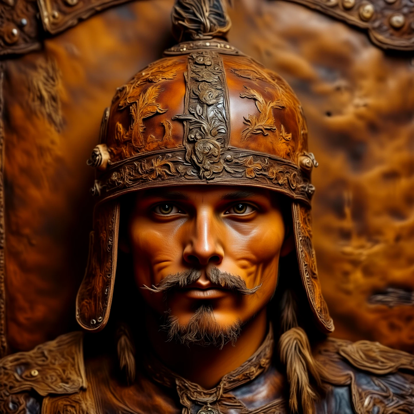 Made of leather. A portrait of a leather mongol warrior. Wearing an intricate leather helmet.

lthrCE style