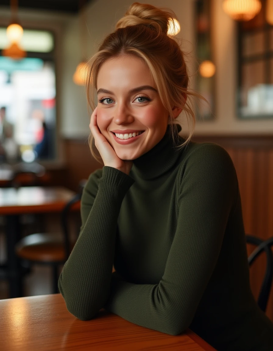 <lora:Sydney_Sweeney_Flux:1> realistic photo of sydneysweeney, wearing a turtleneck dress  in a cafe looking at viewer smiling