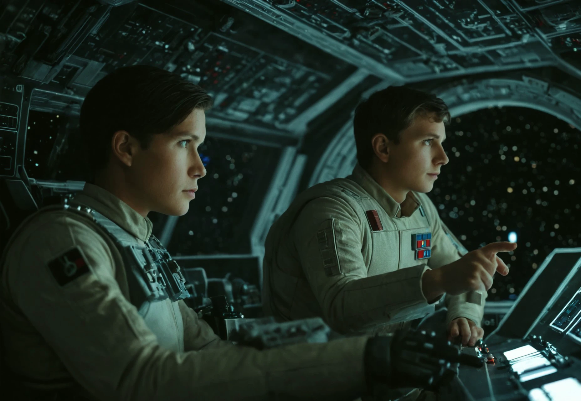 cinematic film still of  Millennium Falcon (YT-1300 light freighter) a man and a woman in a spaceship cockpit,black hair,sitting,weapon,multiple boys,military,pointing,science fiction,realistic,space,spacecraft,cockpit,astronaut , star wars style, shallow depth of field, vignette, highly detailed, high budget, bokeh, cinemascope, moody, epic, gorgeous, film grain, grainy