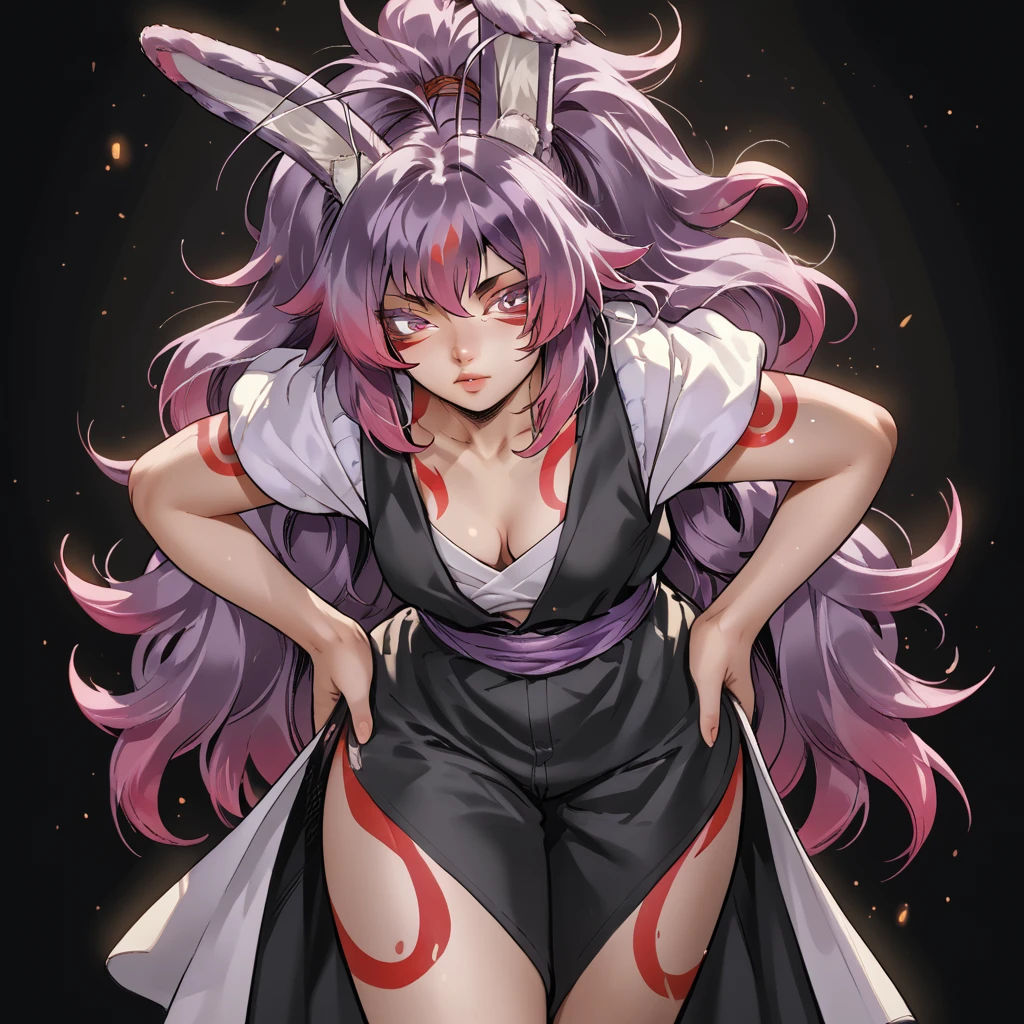 score_9, score_8_up, score_7_up, score_6_up, score_5_up, score_4_up , (ultra quality:1.2),  (anime:1.2)  <lora:Bunna_Harem_Heroes:1> bunna, bunny girl, bunny ears, purple hair, purple eyes, red tribal tattoos, Standing tall, sheâs leaning slightly forward with her hands on her hips or one hand running through her hair. The lighting highlights her curves while she gazes sensually toward the viewer.