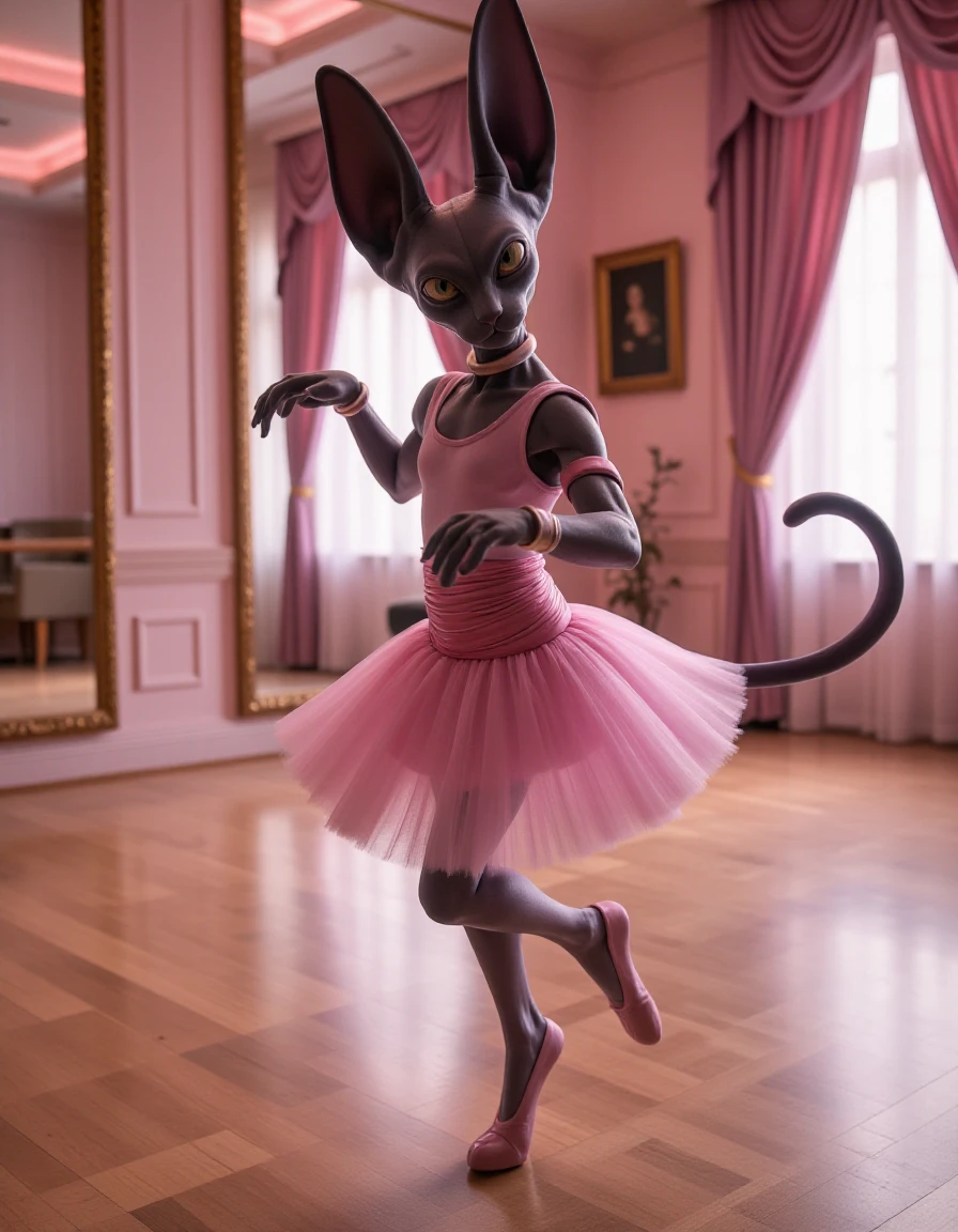 A playful DV_Bills sphinx wearing a tutu and ballet slippers, attempting a pirouette in a dance studio. A close-up angle focusing on its whimsical outfit and expression, with mirrors reflecting elegant decor and soft pink lighting <lora:DV_Bills-000018:1>