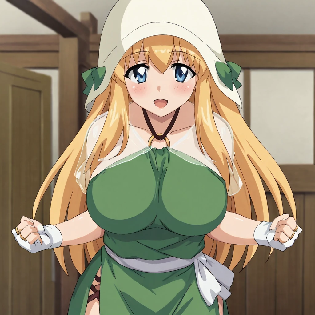 <lora:Tiffiniafamiliarofzero_pony_v1:.7> TiffaniaHat, 1girl, blonde hair, fingerless gloves, green dress, hat, large breasts, blue eyes, cowboy shot