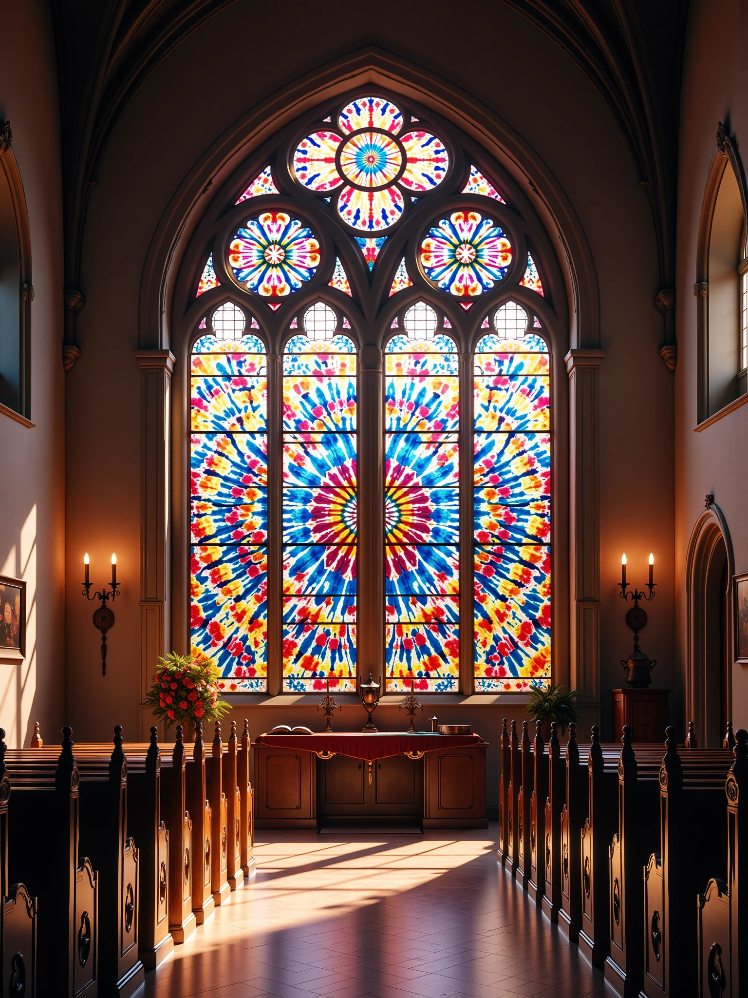 "mad-clrfltd stained glass window in a church, lightray <lora:colorful-tie-dye-flux:1.1>"