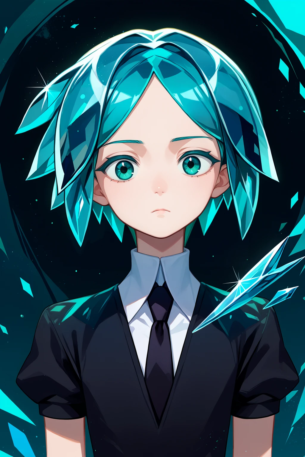 score_9, score_7_up, source_anime, upper body, expressionless,, phos, white skin, aqua eyes, aqua hair, short hair, crystal hair, black shirt, puffy short sleeves, collared shirt, black necktie, abstract background, <lora:Hoseki_HousekiNoKuni_Phosphophyllite_PDXL_v1(2):1>