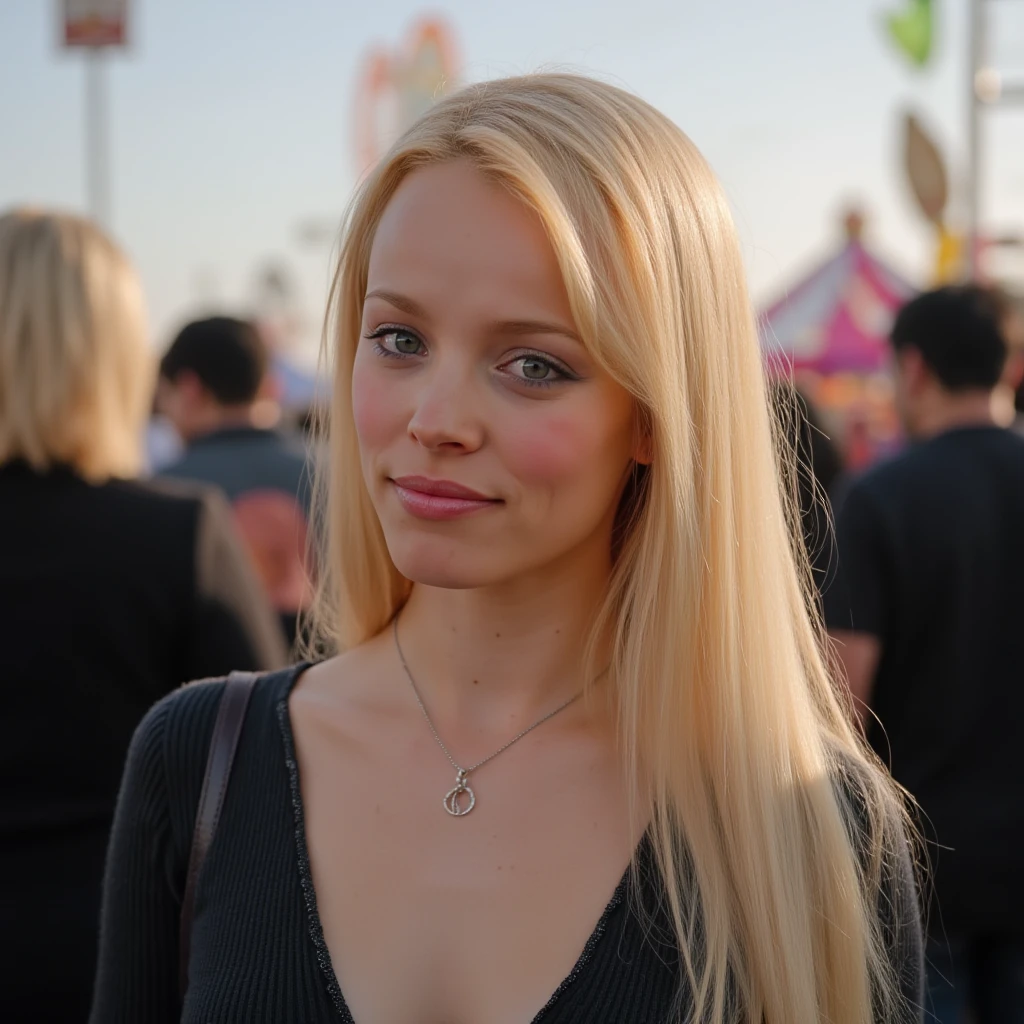 woman, blonde, realistic photo, smiling, half body shot, light makeup, looking at viewer, wearing a sweater, at a carnival ,blurry background, high quality