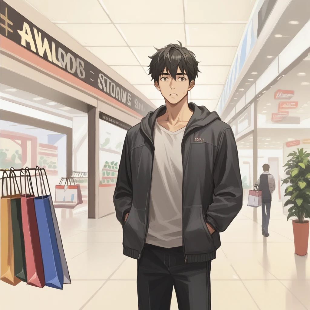 score_9, score_8_up, score_7_up, score_6_up, score_5_up, score_4_up, zPDXL2,source_anime,rating_questionable, solo, 1boy, <lora:Shopping_Mall:0.8> m4ll, indoors,shopping mall