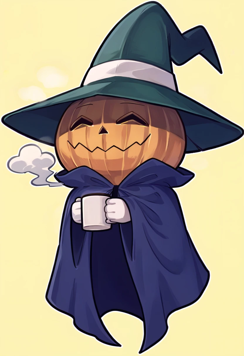 score_9, score_7_up, source_anime, full body, chibi, smile, closed mouth, <lora:PyroJackSMT-pdxl:1> pjSMT, pokemon \(creature\), no humans, closed eyes, witch hat, green headwear, cloak, cape, white gloves, holding coffee cup, steam, yellow background