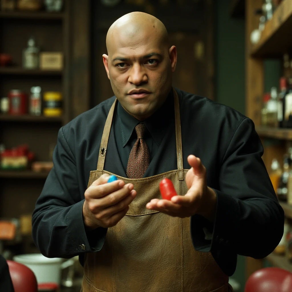 Morpheus is a bald man. He is wears a apron.He works in a candy store. He is offering a blue candy in one hand and a red candy in the other. He is facing the viewer and looking at them  <lora:Morpheus:0.9>