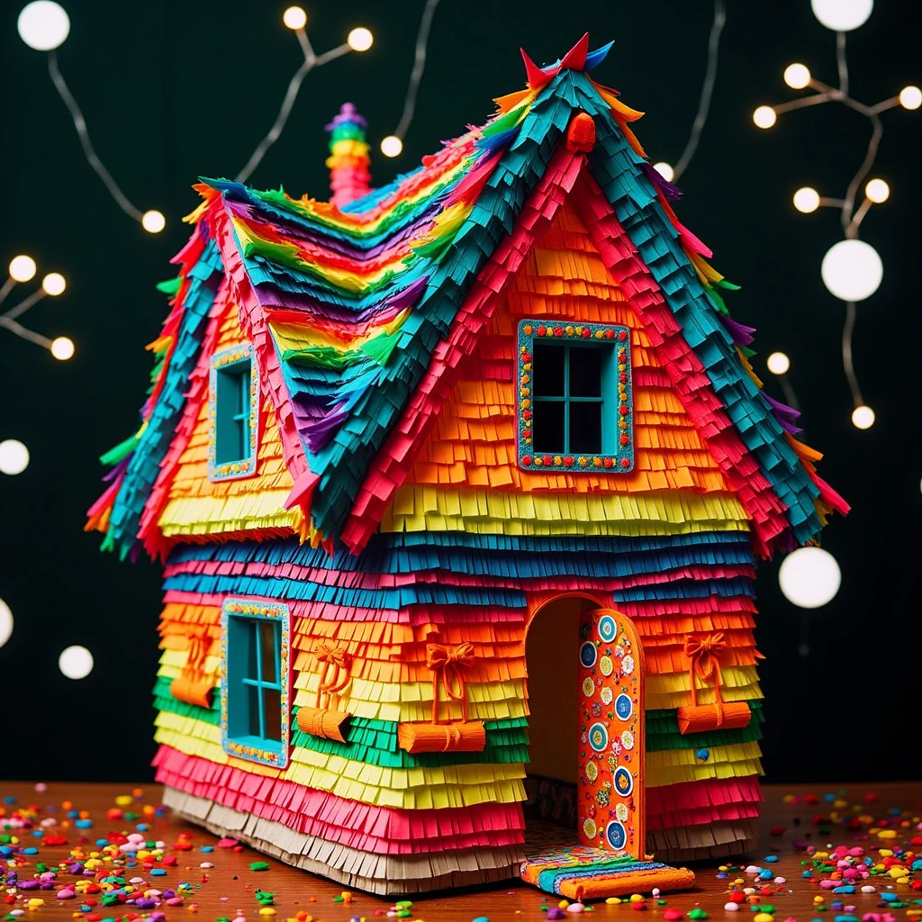 PinataFlux, big house made of pinata, colorful paper, the house is made of paper, The scene is rendered in high-resolution, photorealistic detail, with the lighting highlighting, very aesthetic, happy vibes and gloomy white lights