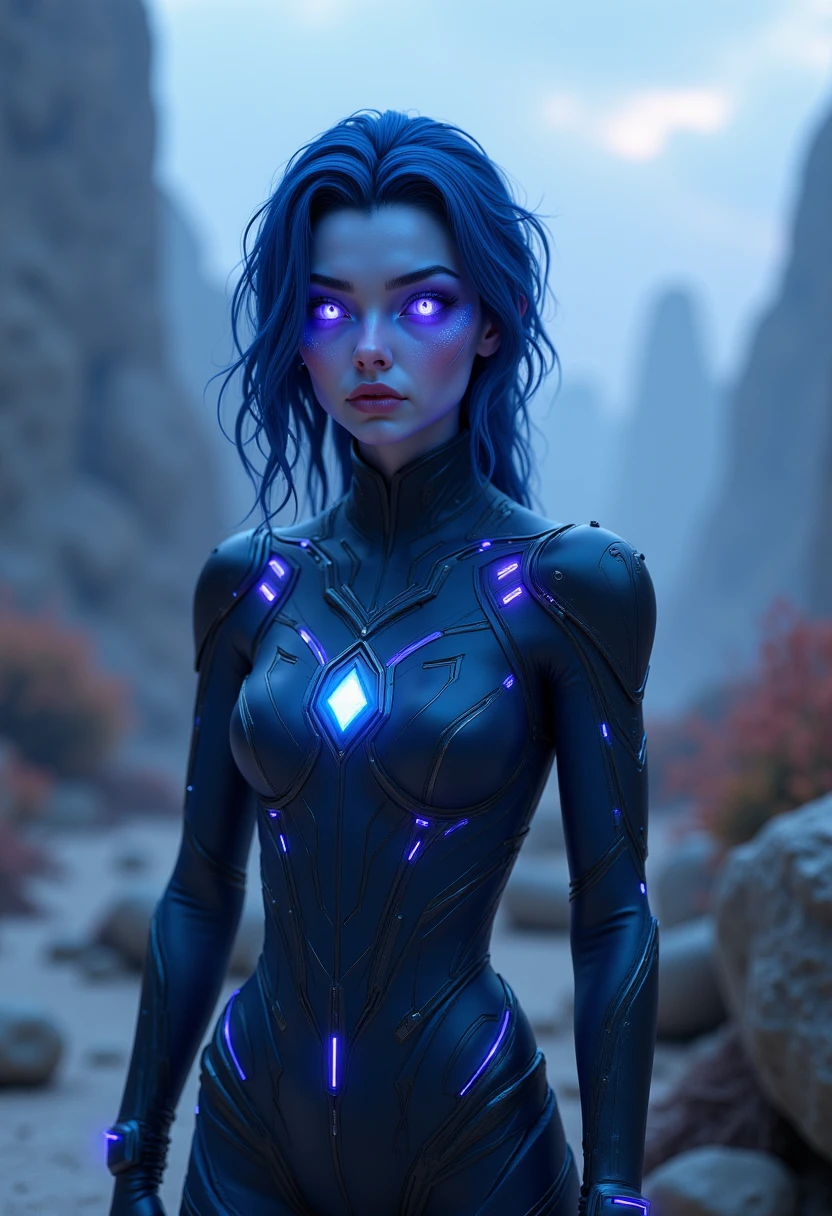 imagine full body shot of astra with blue skin, blue hair and purple eyes. A high-definition scene of Astra exploring a distant alien planet. Her light-blue skin and dark blue hair are detailed with striking realism. She wears a sleek, bio-engineered suit with integrated technology, and her glowing lavender eyes examine a mysterious alien artifact emitting soft light. The landscape is otherworldly, with strange flora and a glowing, eerie sky.