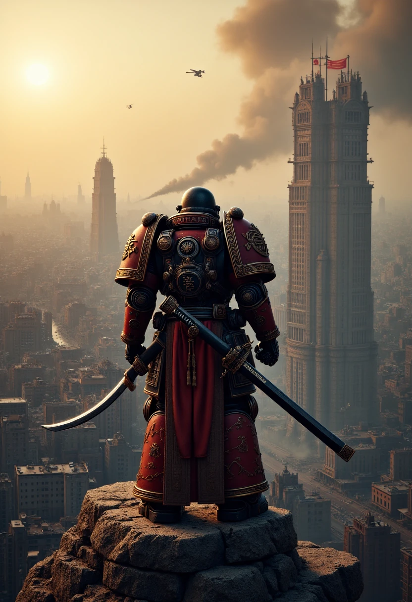 Image a photorealistic depiction of an Edo Space Marine overlooking a war-torn cityscape from the vantage point of a high fortress tower. The Marine, with a surveying gaze, holds a katana at their side. The city below is in ruins, with smoke rising from the destruction. Photorealism & Style: Wide shot from behind, capturing the Marine's silhouette against the sprawling devastation. The lighting is dramatic, with the setting sun casting long shadows and highlighting the Marine's imposing figure against the backdrop of chaos.