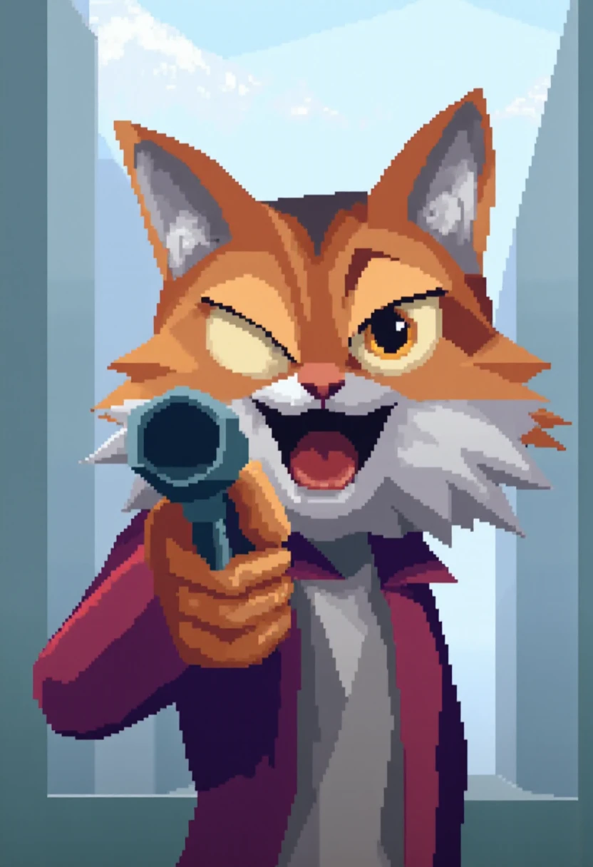 starfoxstyle, low poly, a cat aiming a pistol at the viewer. Abstract polygon city background.  <lora:Star_Fox_SNES_Style_F1D-000023:1.0>