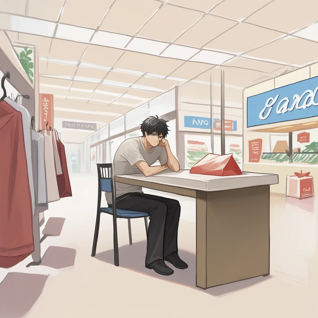 score_9, score_8_up, score_7_up, score_6_up, score_5_up, score_4_up, zPDXL2,source_anime,rating_questionable, solo, 1boy, sitting, bored, plastic chair, plastic table <lora:Shopping_Mall:0.8> m4ll, indoors,shopping mall,