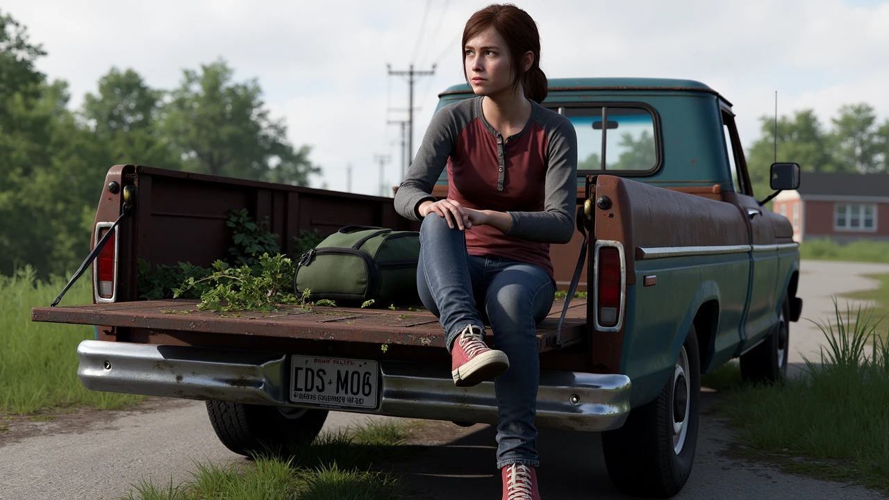 Highly detailed image of Ellie from The Last of Us Part I, sitting on the back of a rusty, post-apocalyptic truck. She has a serious, contemplative expression, wearing a red button-up shirt over a gray long-sleeve, with blue jeans and worn-out red Converse sneakers. Her brown hair is tied back, and she appears slightly disheveled, reflecting the harsh survival environment. The setting is an overgrown, abandoned area with patches of tall grass and wild plants sprouting from the cracked pavement. The truck is grimy, covered in dirt, and shows signs of wear, with vines creeping up its sides and a green backpack resting next to Ellie. The sky is overcast, adding to the bleak, dystopian atmosphere. The overall mood should convey a sense of loneliness, survival, and resilience in a world ravaged by an apocalypse,  <lora:ellie-the-last-of-us-part-i:1>