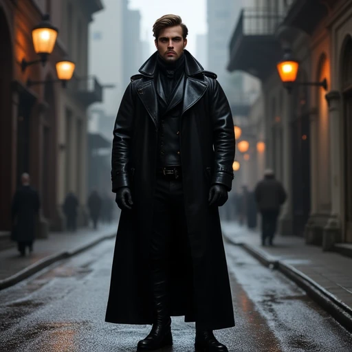 a very handsome strong man in a black trenchcoat and boots standing in a street, wearing black leather trenchcoat, gothic coat, black draconic - leather, stylish coat for a rave, black greatcoat, hyper ultra cinematic volumetric lighting, wide shot with Sony Fx6