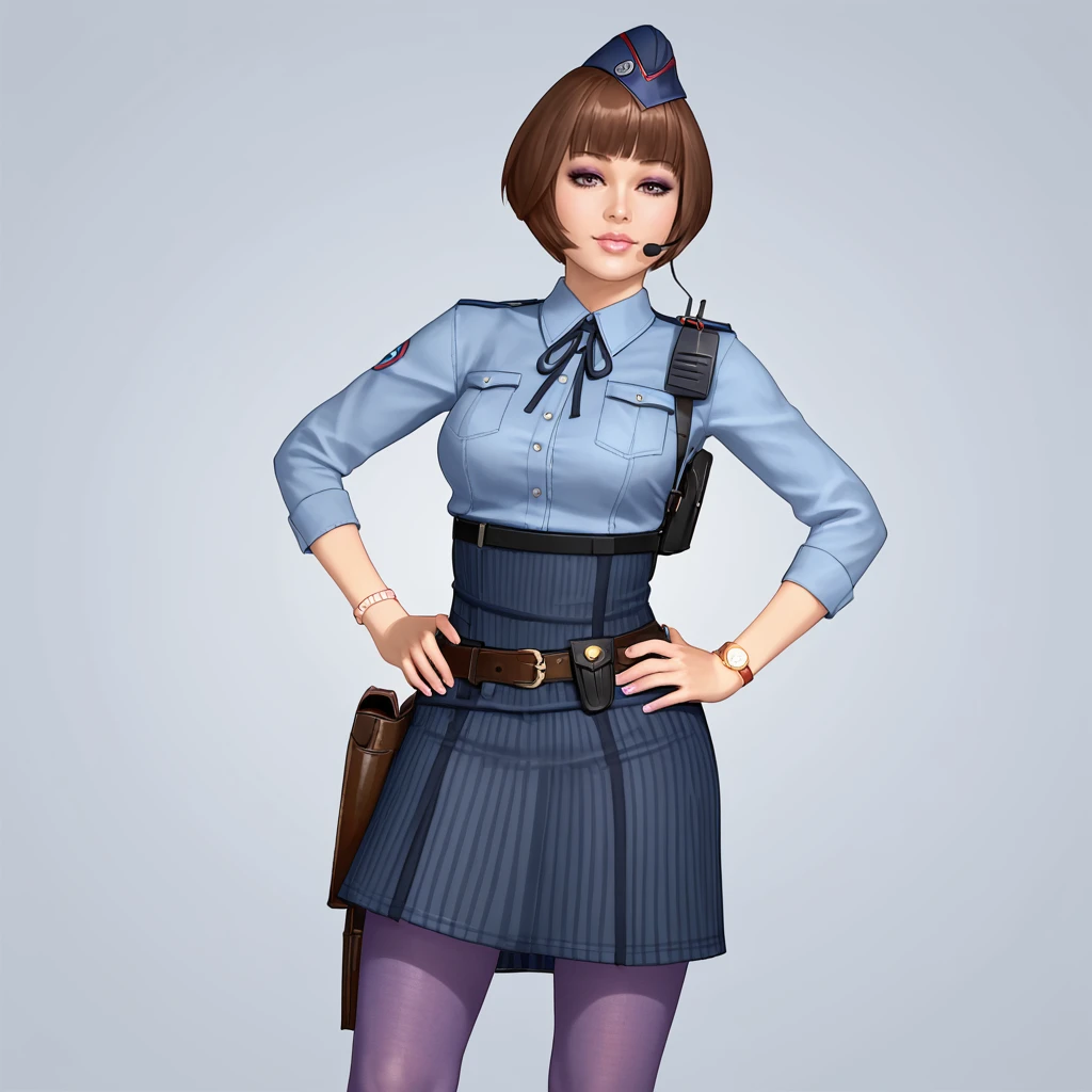 <lora:jessicaresidentevilrevelations_pony_v1:.8> JessicaFBC, 1girl, solo, pantyhose, holstered weapon, large breasts, short hair, brown hair, garrison cap, holster, hat, headset, belt, watch, skirt, wristwatch, uniform, jewelry, bracelet, blunt bangs, shirt, ribbon, hands on hips, lipstick,eyeshadow, cowboy shot