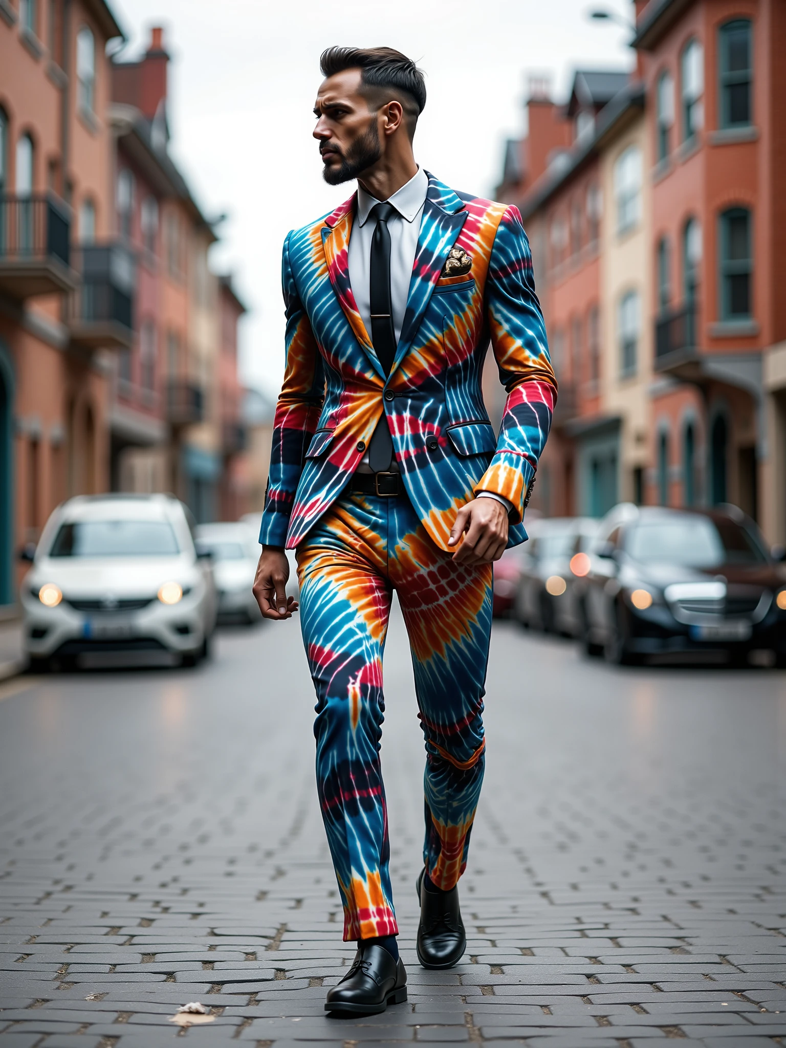 man wearing a mad-clrfltd suit walking through city, dynamic_pose, from side, light smile, cinematic shot <lora:colorful-tie-dye-flux:1.2>