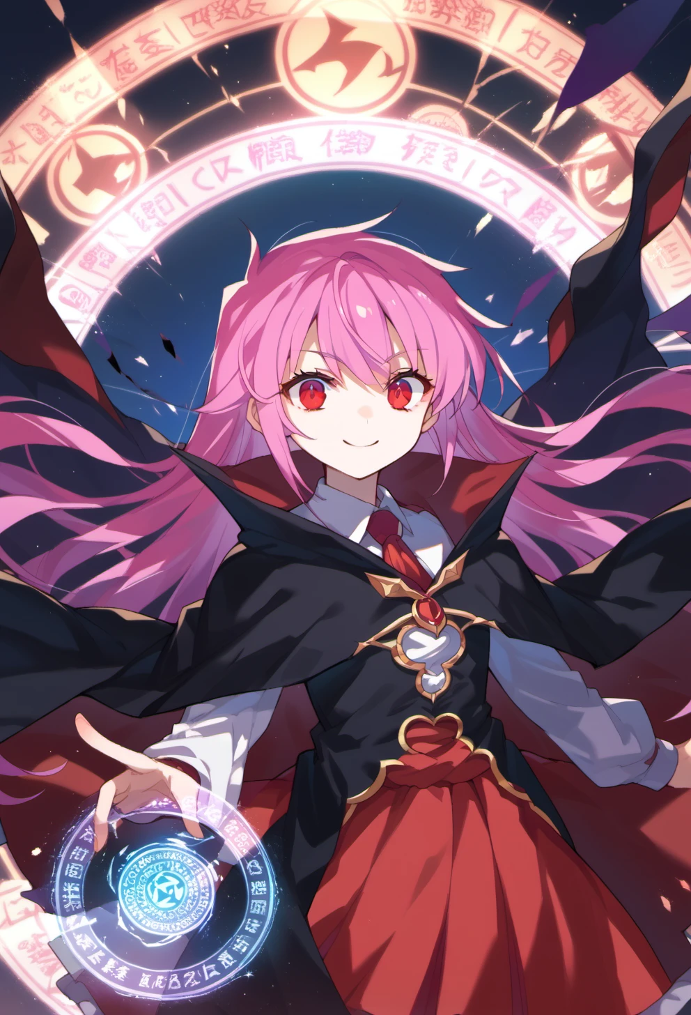 score_9, score_8_up, score_7_up, source anime, kurusu miki, solo, red eyes, long hair, 1girl, pink hair, black cape, magic circle, magic, smile, outstretched hand, skirt, purple hair, very long hair, necktie, red skirt, white shirt, <lora:kurusu_miki-xl-pony-v1:1>,