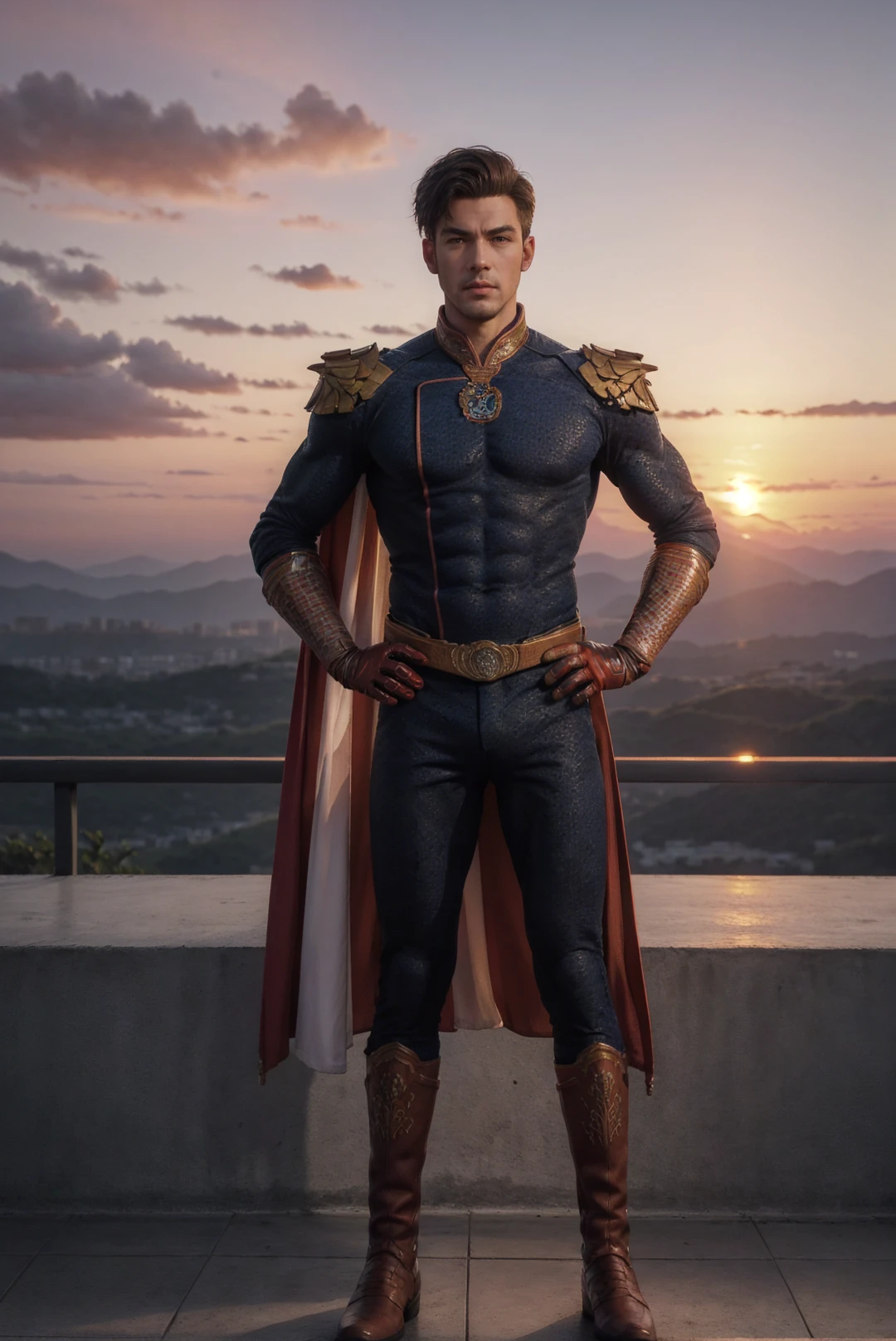 1boy,solo,blone hair,homelander,shoulder,cape,gloves,boots,hands on own hips,looking at viewer,outdoors,((sunset:1.5)),china,((rainbow)),scenery,full body,Highly detailed,(ultra-detailed),(best quality,masterpiece:1.5),<lora:Homelander:0.6>,<lora:细节调整2.0:0>,