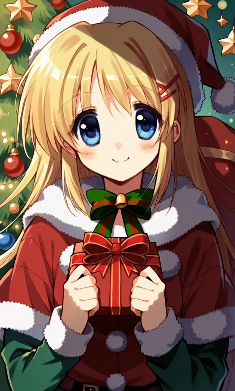 score_9, score_8_up, score_7_up, score_6_up, source_anime, rating_safe, cute, kawaii, 2000s anime, moe anime, 2000s anime style, moe anime style, 1girl, cute anime girl, kawaii anime girl, blonde hair, blue eyes, christmas outfit, christmas tree, christmas presents, closed mouth, blush, cute smile, looking at viewer