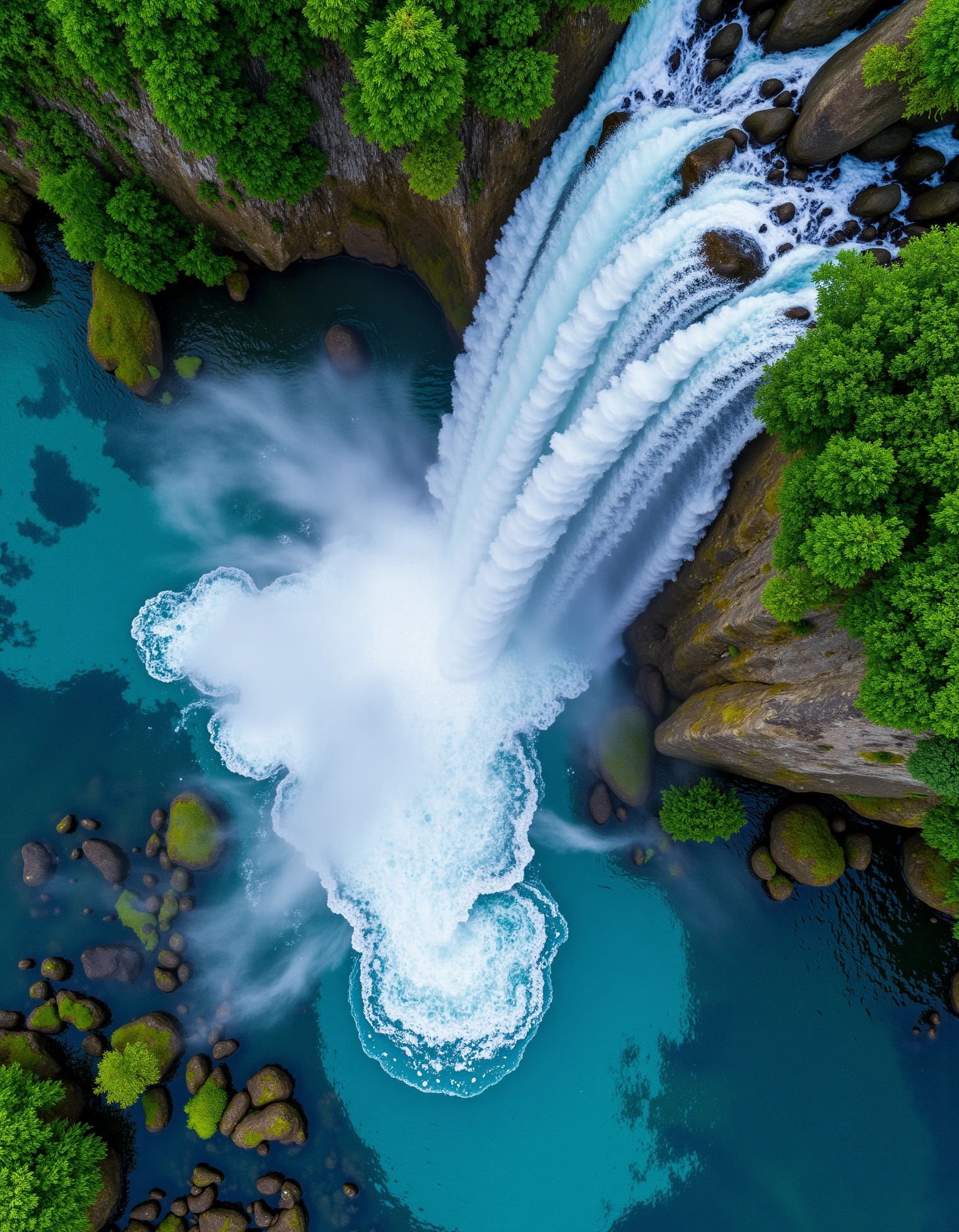 zavy-rlvw, Aerial view directly above a powerful waterfall as it cascades into a crystal-clear pool surrounded by lush greenery. The water creates ripples and swirling patterns in the pool below, with mist rising up and the rocks clearly visible through the water