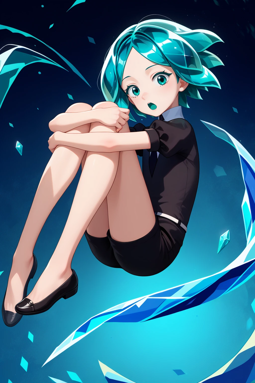 score_9, score_7_up, source_anime, from side, full body, looking at viewer, open mouth, phos, white skin, aqua eyes, aqua hair, short hair, crystal hair, black shirt, puffy short sleeves, collared shirt, black necktie, white belt, black shorts, black shoes, floating, hugging own legs, abstract background, gem, <lora:Hoseki_HousekiNoKuni_Phosphophyllite_PDXL_v1:1>