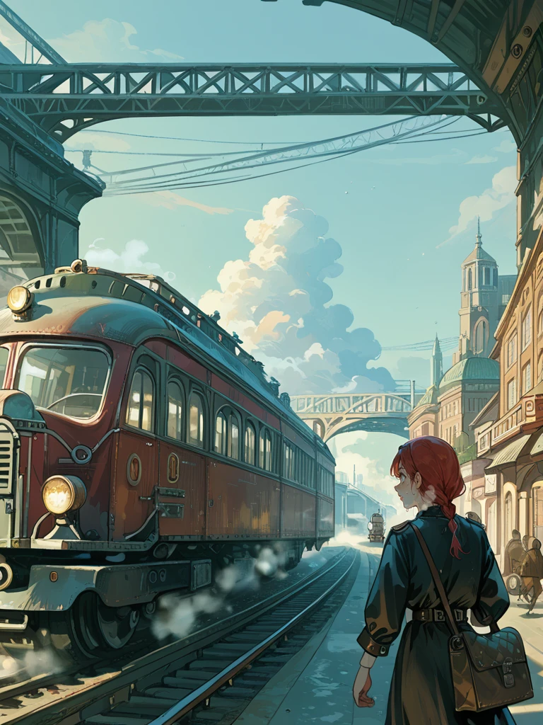 score_9,score_8_up,score_7_up,source_anime,<lora:dieselpony:1>,higres illustration,dieselpunk,1girl,upper body,station,train,steam,leather bag,sweat,running,