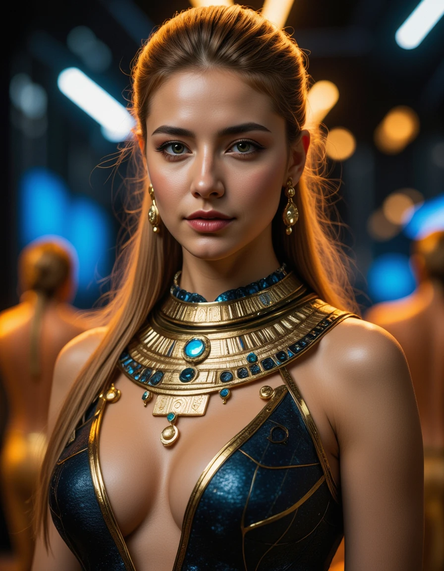 1girl,young,slim,<lora:AMAIA:1>,<lora:Add_More_details_Flux:0.5>,blonde hair,long hair,big breasts,<lora:detailed_skin_portraits:0.5>,cleopatra_(character),ancient_egypt,sci-fi,futuristic,exotic_beauty,masterpiece,best quality,highly detailed,sharp focus,dynamic lighting,vivid colors,texture detail,particle effects,storytelling elements,narrative flair,16k,UE5,HDR,subject-background isolation,(A fascinating piece of typography featuring the TEXT"Klauss2 - Flux":1.5),