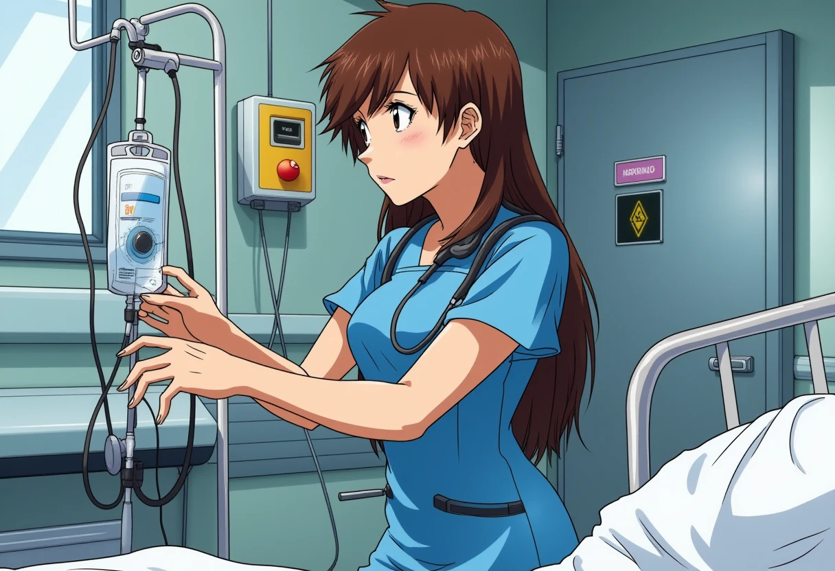 A detailed solo portrait of suzuharasakura. 
Anime style, sharp, high contrast and highly detailed. Ghibli anime style. Perfect anatomy. Perfect body ratio. No oversized head. No blurry, out of focus pictures. No simple background, no single color background. 
She is in a hospital emergency room. She wears a blue surgical scrub and a stethoscope. She is busy adjusting an intravenous drip. Side profile. 
 <lora:Suzuhara Sakura - Flux prototype_epoch_5:1>