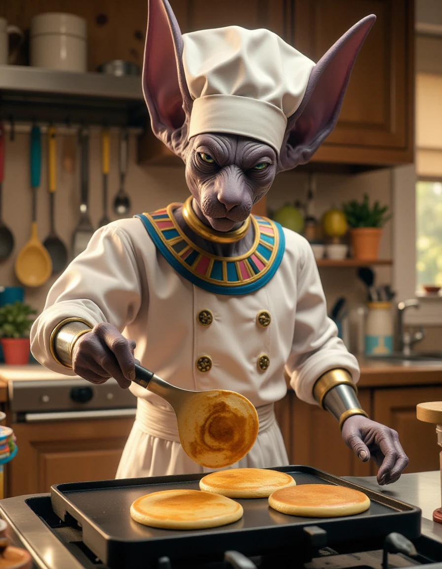 An ultra-realistic DV_Bills sphinx in a chef's hat flipping pancakes on a grill, with a mischievous wink. A medium shot capturing the playful scene, surrounded by colorful kitchen utensils and cheerful decor <lora:DV_Bills-000018:1>