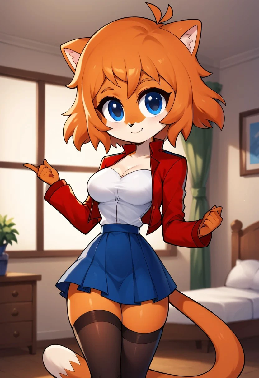 score_9, score_8_up, score_7_up, masterpiece, best quality, room, hotel, (very beautiful eyes, big thighs, thin waist, medium breasts), 1girl, EsheniaS, Orange hair, short hair, blue eyes, Furry, cat ears, tail, orange fur, Cha Red jacket, skirt, long stockings, sleeves,, sexy pose, Smile, chibi,