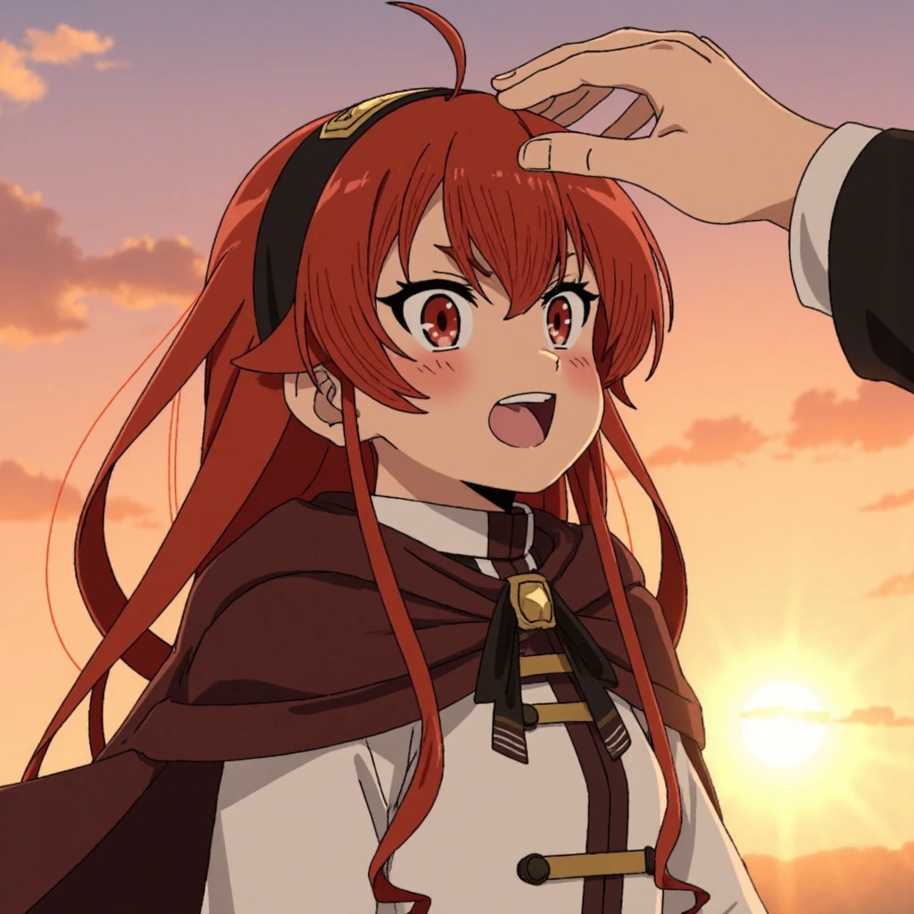 In an anime-style scene, erisgreyrat stands under a soft, glowing sunset. She wears her headband, framing her intense, fiery eyes now softened with surprise and contentment as a hand gently pats her head. Her cheeks blush lightly, adding to her tsundere charm. She’s dressed in her classic adventurer outfit with its flowing cape, giving her a fierce yet approachable appearance. The art style captures a warm, pastel palette, with sharp, clean lines typical of modern anime, emphasizing the delicate and heartfelt moment.