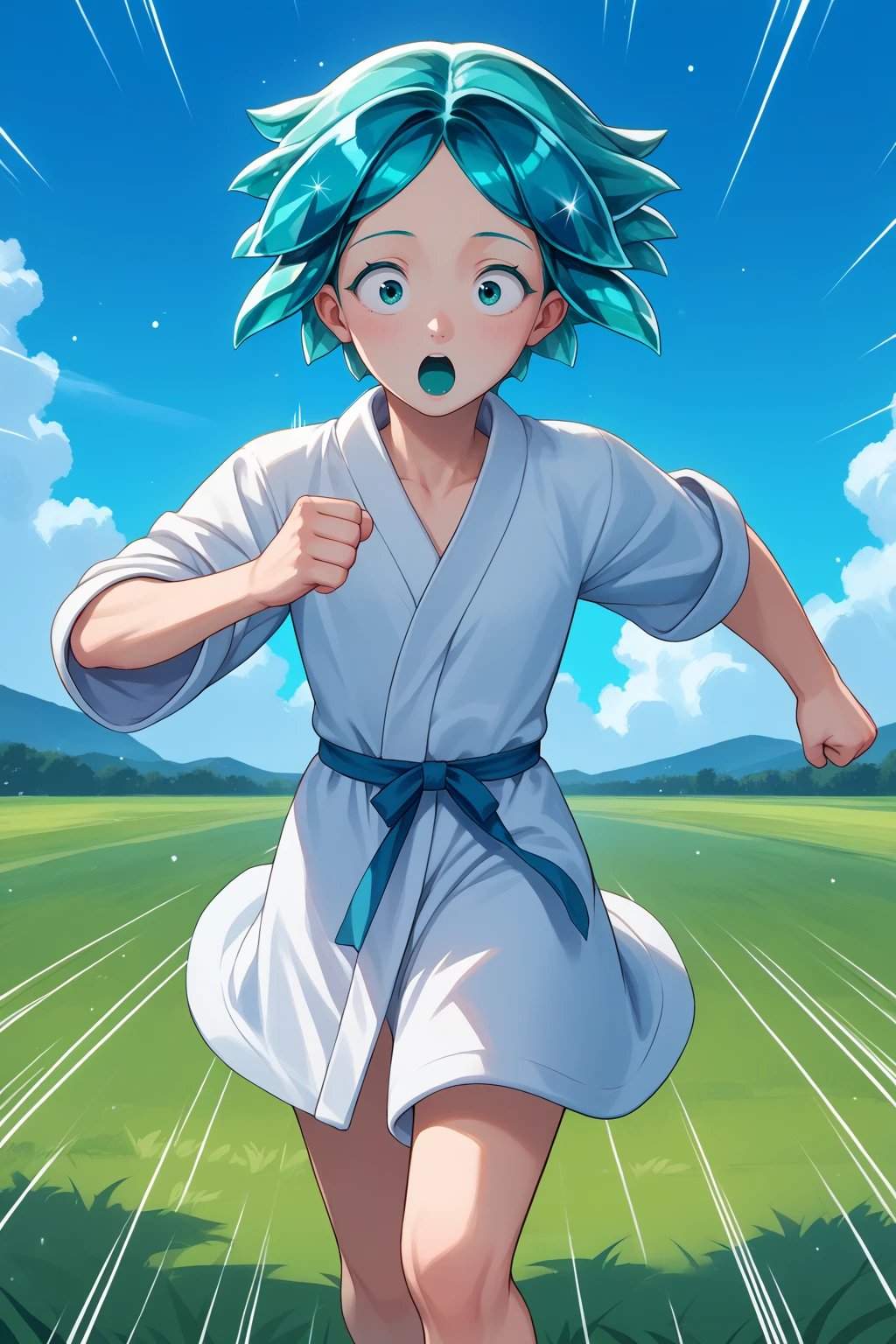 score_9, score_7_up, source_anime, cowboy shot, wide-eyed, open mouth, phos, white skin, aqua eyes, aqua hair, short hair, crystal hair, white bathrobe, running, speed lines, clenched hand, outdoors, grass, blue sky, <lora:Hoseki_HousekiNoKuni_Phosphophyllite_PDXL_v1:1>