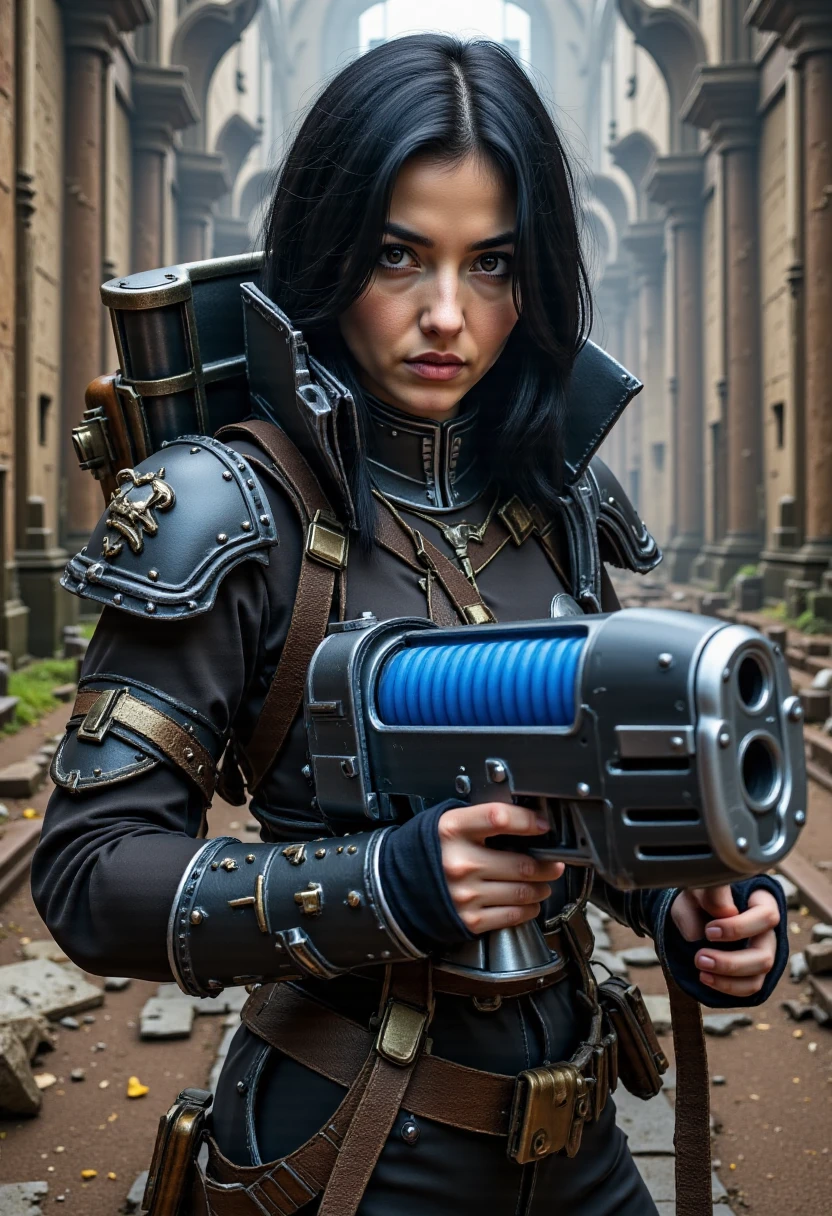 Imagine a photorealistic close-up portrait depiction of Carys, a beautiful woman with black hair, she is a sister of battle standing in the ruins of a gothic cathedral, holding a plasma gun in her hands, her face is lit by the blue glow,