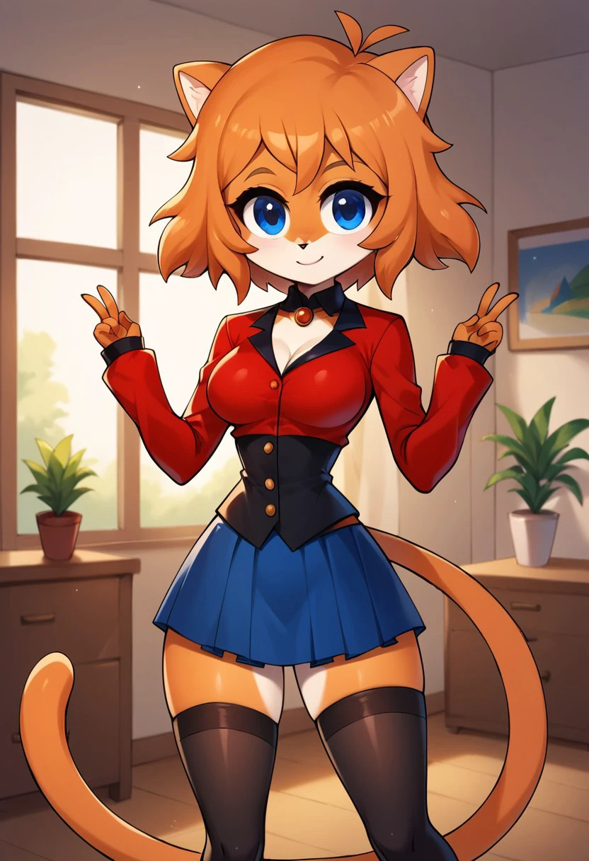 score_9, score_8_up, score_7_up, masterpiece, best quality, room, hotel, (very beautiful eyes, big thighs, thin waist, medium breasts), 1girl, EsheniaS, Orange hair, short hair, blue eyes, Furry, cat ears, tail, orange fur, Cha Red jacket, skirt, long stockings, sleeves,, sexy pose, Smile, chibi,