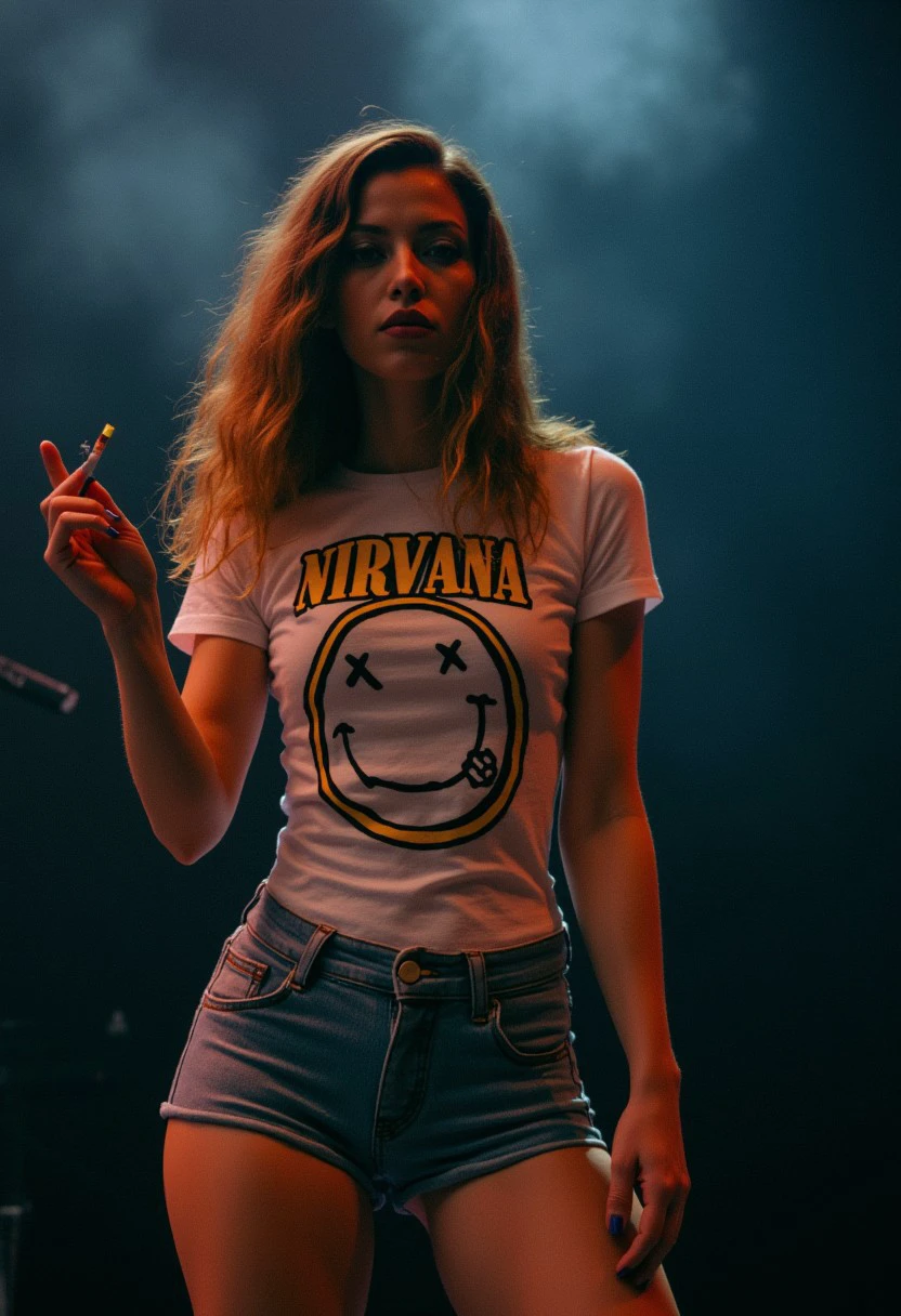 missbo wearing a sexy nirvana tshirt at a crazy nirvana concert, cigarette smoke fills the concert hall, low light, 1990s style, sexy outfit