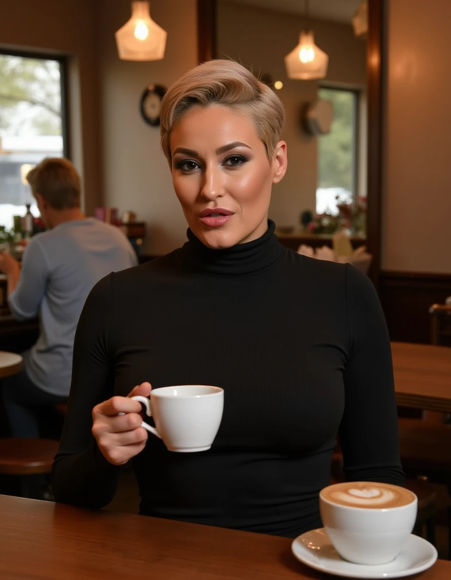 <lora:Ryan_Keely_Flux:1>  realistic photo of ryankeely, curvy, breasts, wearing a fitted turtleneck dress in a cafe having a coffee