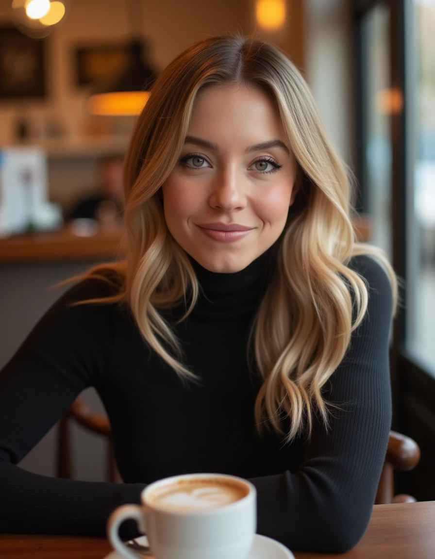 <lora:Sydney_Sweeney_Flux:1> realistic photo of sydneysweeney, wearing a turtleneck dress  in a cafe having a coffee looking at viewer smiling