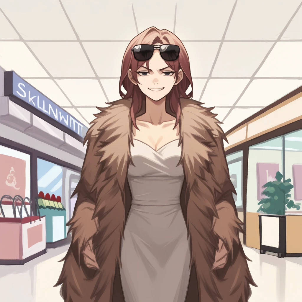 score_9, score_8_up, score_7_up, score_6_up, score_5_up, score_4_up, zPDXL2,source_anime,rating_questionable, solo, 1girl, sunglasses, dress, fur coat, smirk, <lora:Shopping_Mall:0.8> m4ll, indoors,shopping mall, skylight,