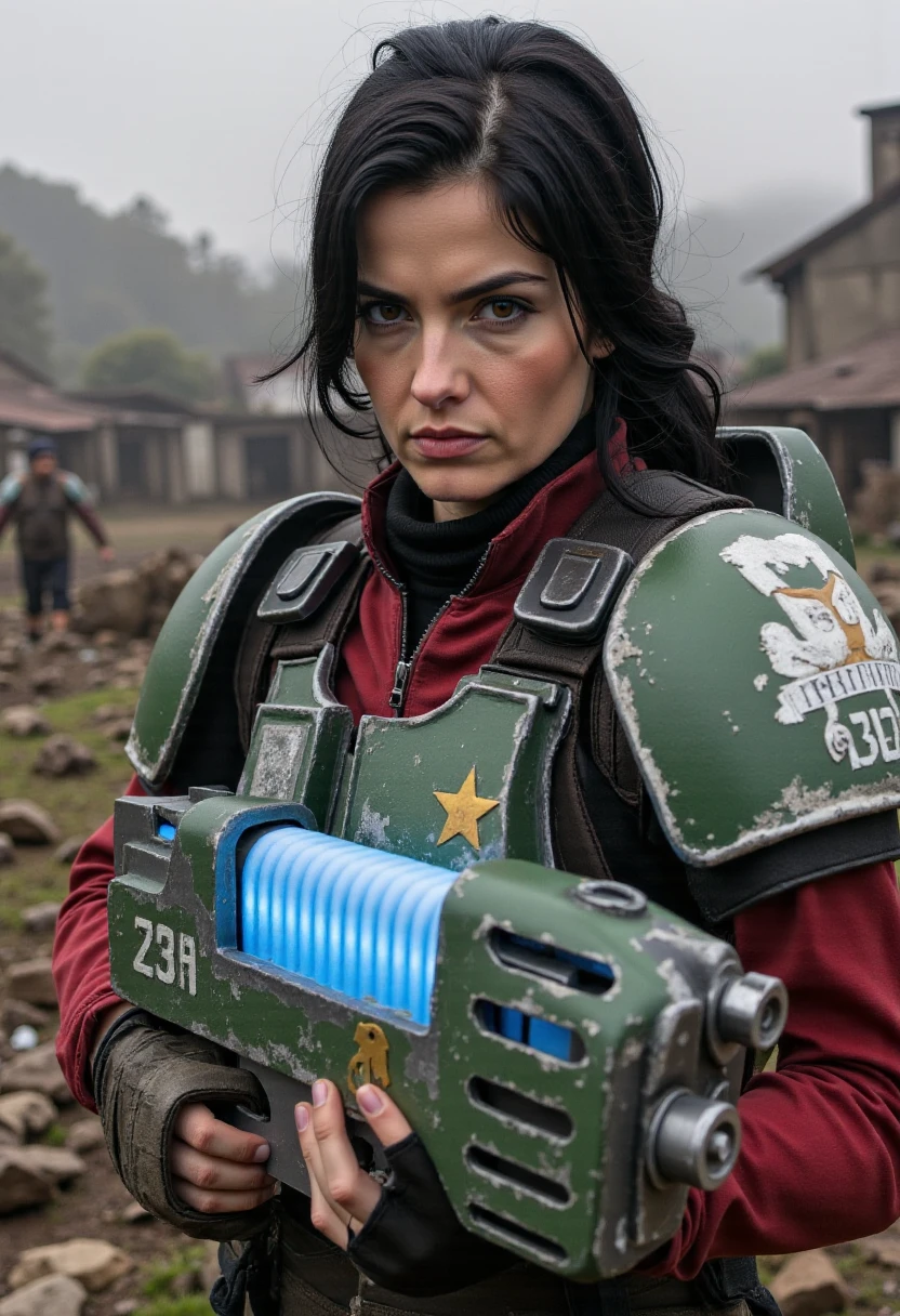 Imagine a photorealistic close-up portrait depiction of Carys, a beautiful woman with black hair, she is a Cadian guardsman standing in the ruins of a rural village, holding a plasma gun in her hands, her face is lit by the blue glow,