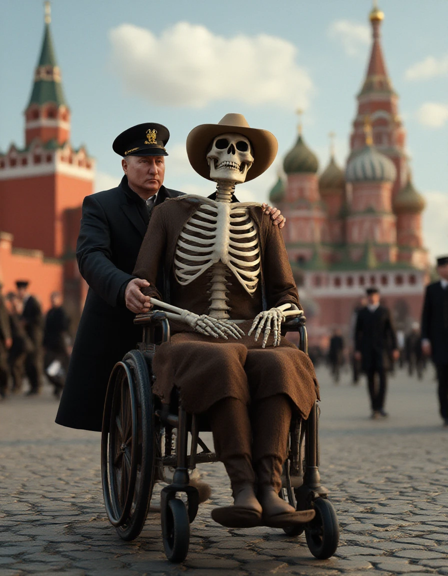 skeleton wearing a cowboy hat sitting in a wheelchair being pushed by russian president vladmir putin through red square, HDR10, 24 bit color, Dolby Digital, Kodak, IMAX, ultra-realistic, realism, photograph, octane render, unreal engine 5, cloudy skybox, dynamic lighting,  16k, ray-tracing,  <lora:Vladmir_Putin_Flux:1>