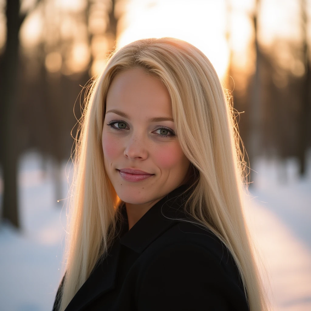 woman, half body shot, light makeup, realistic photo, blonde, in the winter outdoors with silhouette illumination of her hair by evening sunlight. Taken with a ProPhoto iPhone camera, high quality