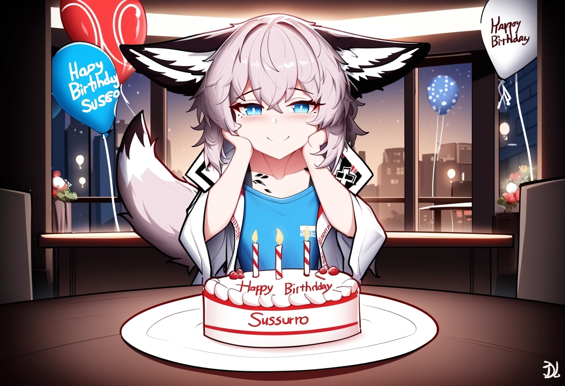 (by ddddecade:0.8), by bbc-chan, masterpiece,  best quality,(banner with text "happy birthday sussurro!":1.2),
1girl, sussurro \(arknights\), fox girl, fox tail, fox ears, blue eyes, grey hair, oripathy lesion \(arknights\), flat chest, blue t-shirt, white jacket, star of life, ears down, happy, smile, sitting in front of table, hands on own cheeks, birthday cake, 
indoors, restaurant, tables, cafe, balloons, holiday, windows, urban view, full body, wide shot, candles