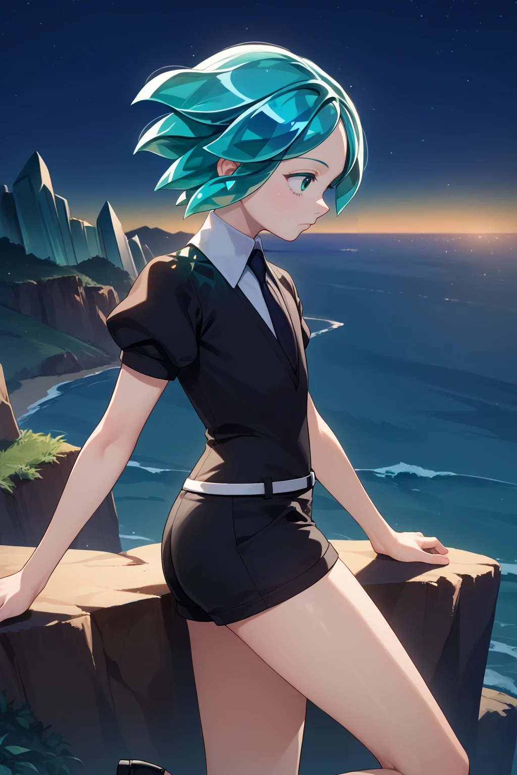 score_9, score_7_up, source_anime, from side, cowboy shot, looking away, phos, white skin, aqua eyes, aqua hair, short hair, crystal hair, black shirt, puffy short sleeves, collared shirt, black necktie, white belt, black shorts, black shoes, outdoors, night, cliff, ocean, horizon, <lora:Hoseki_HousekiNoKuni_Phosphophyllite_PDXL_v1:1>