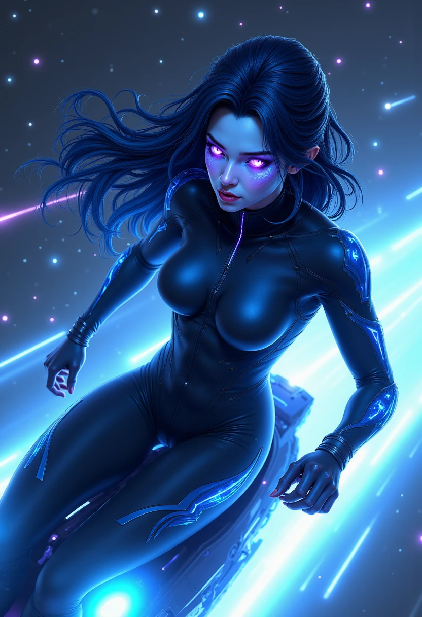 imagine full body shot of astra with blue skin, blue hair and purple eyes. In a high-stakes space chase, Astra, drawn in manga style, races across the stars on a hovering bike. Her long, dark blue hair flows behind her, and her glowing lavender eyes show intense focus. She wears a skin-tight suit with flowing, futuristic patterns. Speed lines and dynamic motion make the scene feel energetic and action-packed.