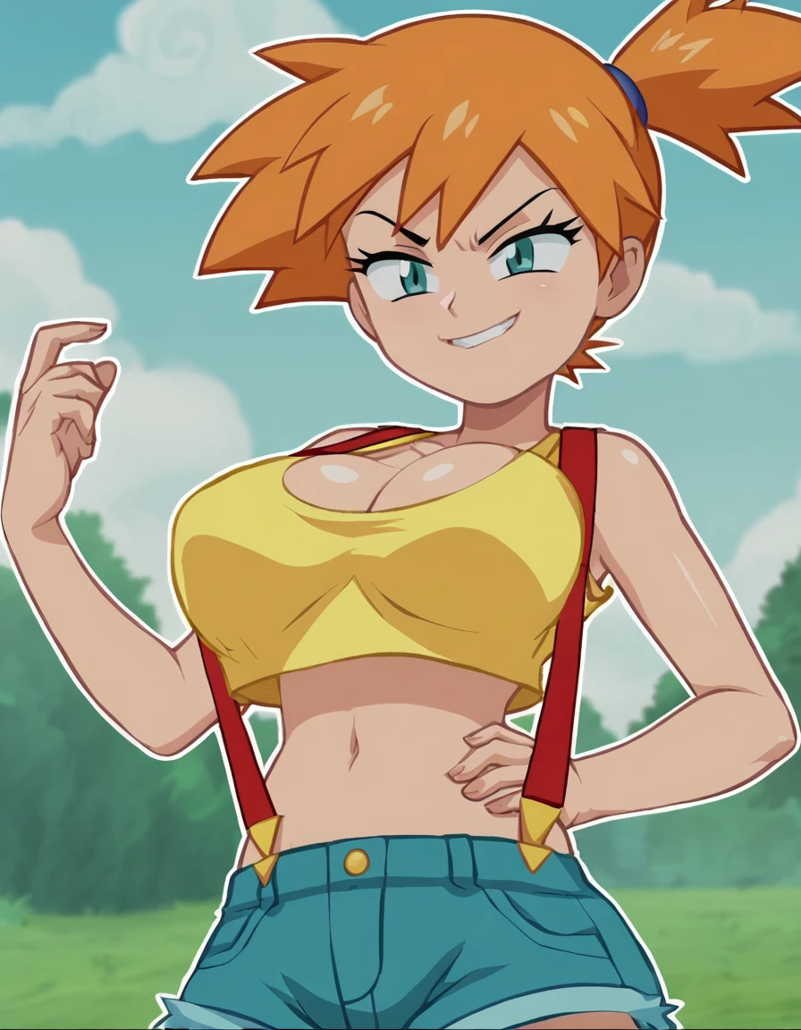 score_9, score_8, score_7,
vector, flash, shiny skin, anime screencap, thick outline, 
1girl, solo, 
misty pokemon, yellow crop top, suspenders, denim hotplants, large breasts, smirk, 
<lora:Vector_Flash_animation_style:1>