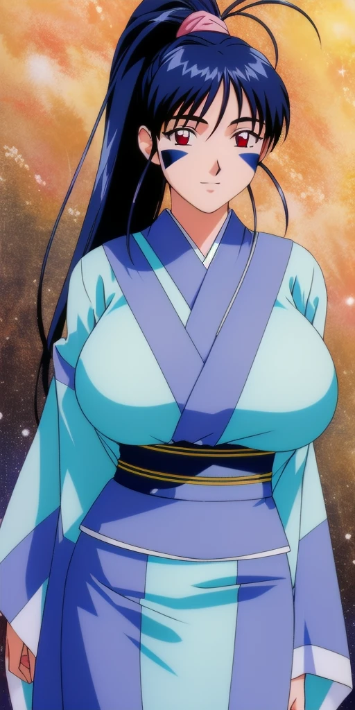 <lora:AchikaV5:0.7> masaki_achika_high_ponytail, huge_breasts, standing, solo, arms_behind_back, starry_sky, facial_mark_red_eyes_white_kimono_blue_trim_pink_back_bow_aqua_sash_wide_sleeves, masterpiece, best_quality, detailed_face, detailed_eyes, highres, beautiful, detailed, absurdres,